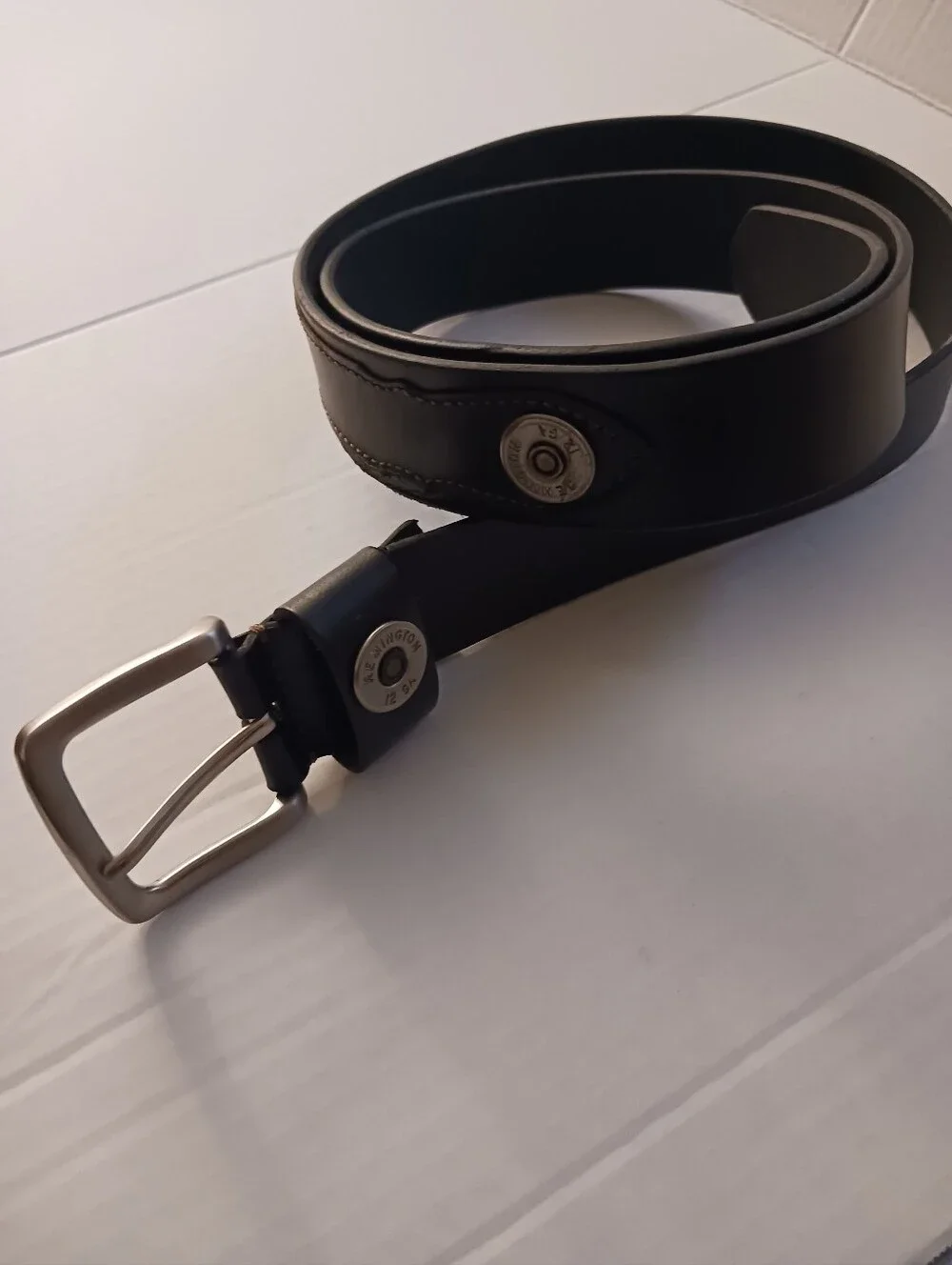 Remington 12 GA Silver Tone Shotgun Shell Black Leather Belt 3X 50-52